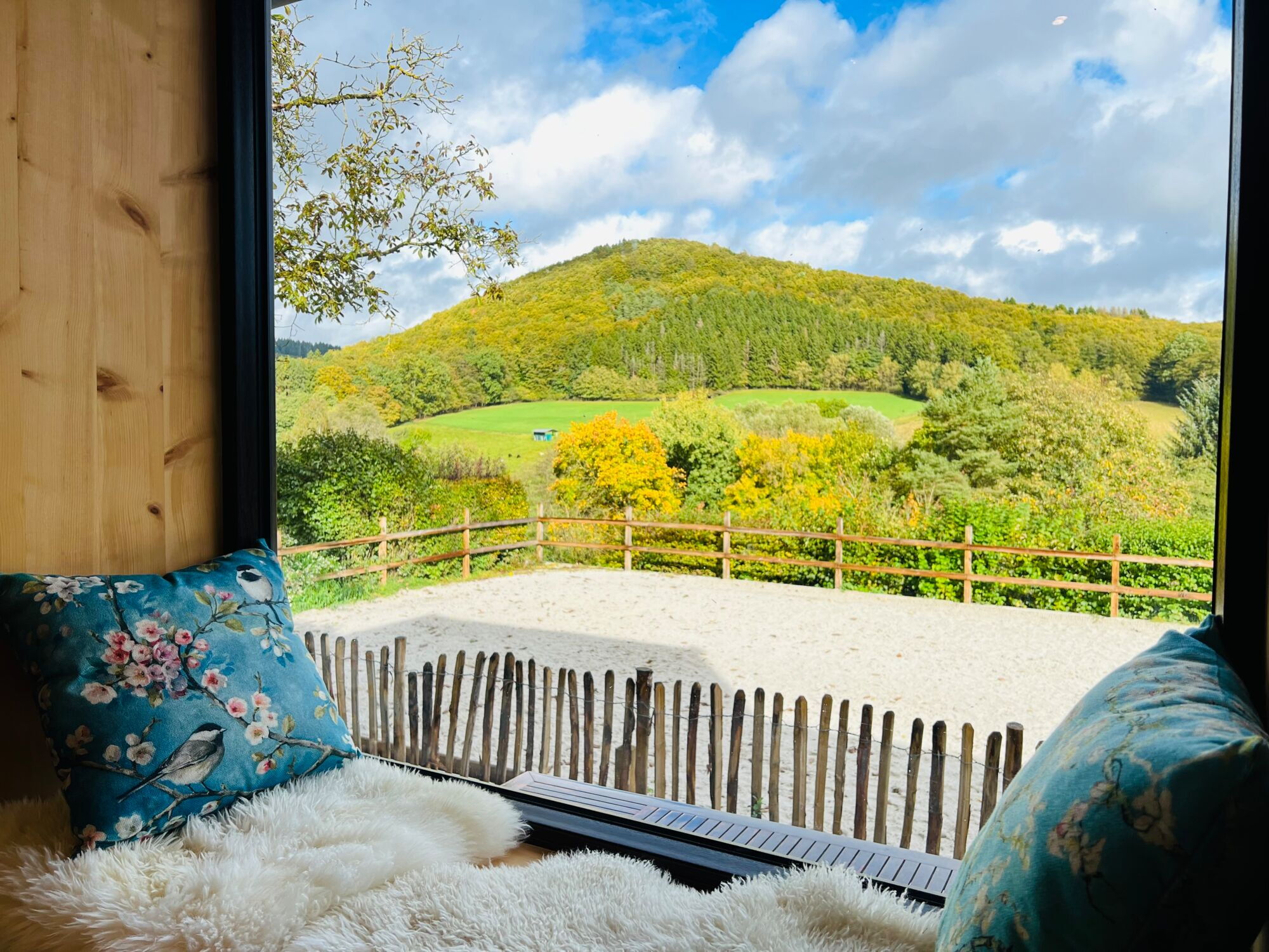 Ein Sitzfenster aus Zirbenholz im Landchalet Eifel auf dem Landgut Pfauenhof gibt den Blick auf eine wunderbare Landschaft frei.