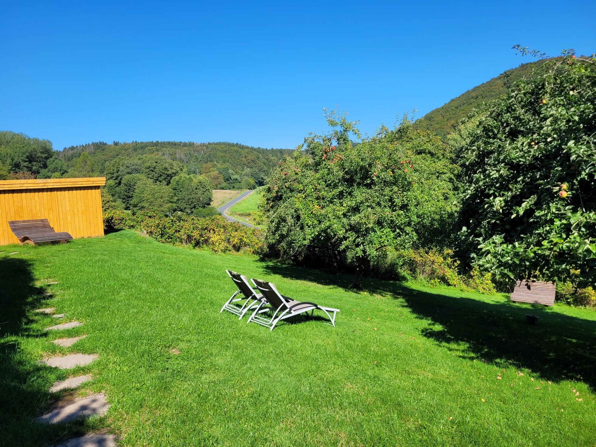 Die Liegewiese Obstgarten zum Ausspannen und Relaxen auf dem Landgut Pfauenhof in der Eifel