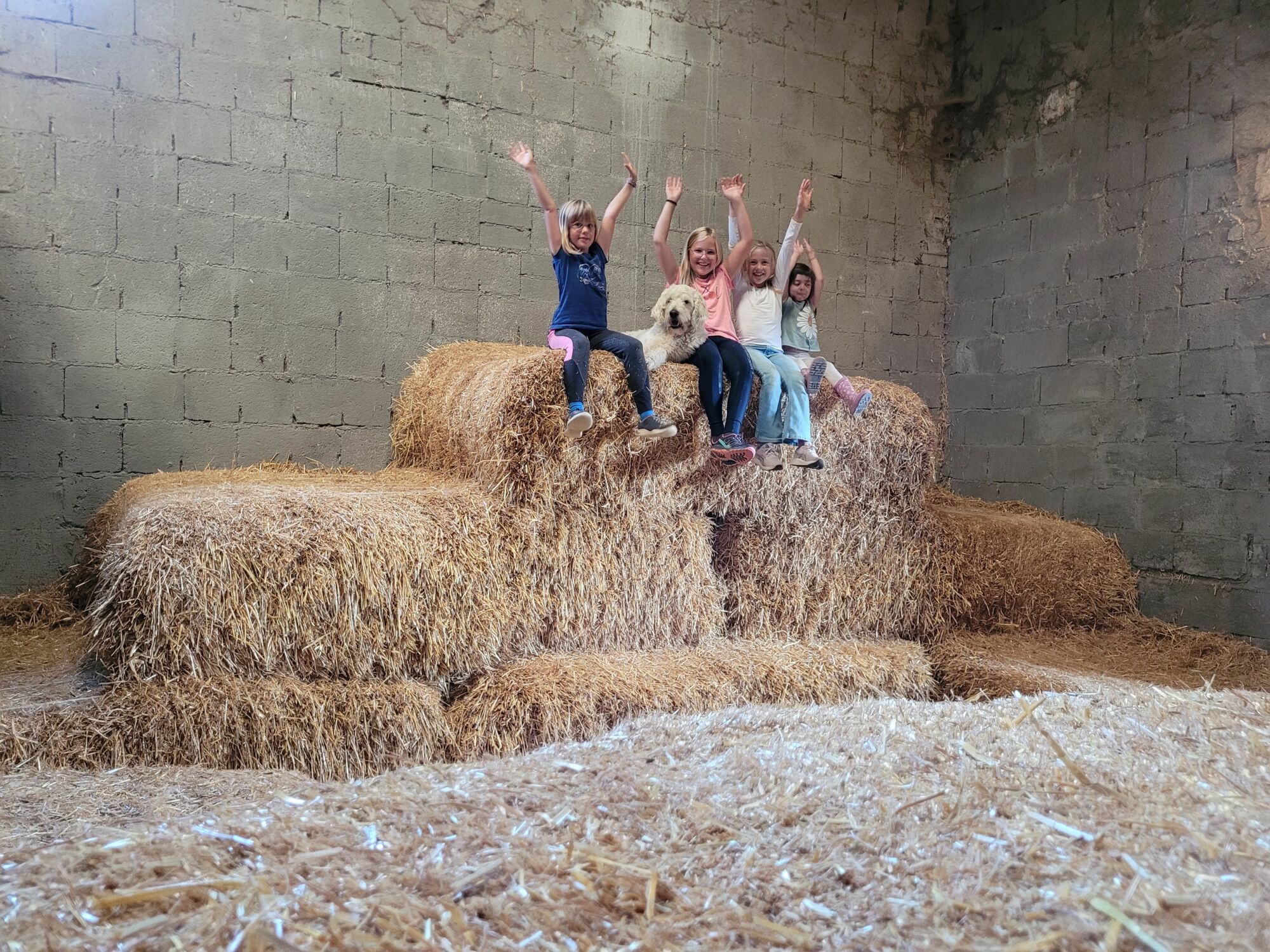 Glückliche Kinder spielen im Stroh der Strohspielscheune auf dem Landgut Pfauenhof in der Eifel